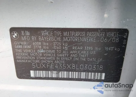2008 BMW X5 3.0Si from USA, damaged, VIN 5UXFE435X8L030318